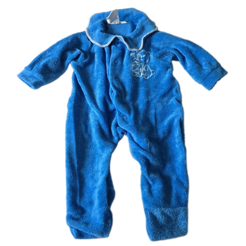Carter's Boys Blue Bear Terry Cloth One-Piece Footed Sleeper Pajamas Vintage 80s